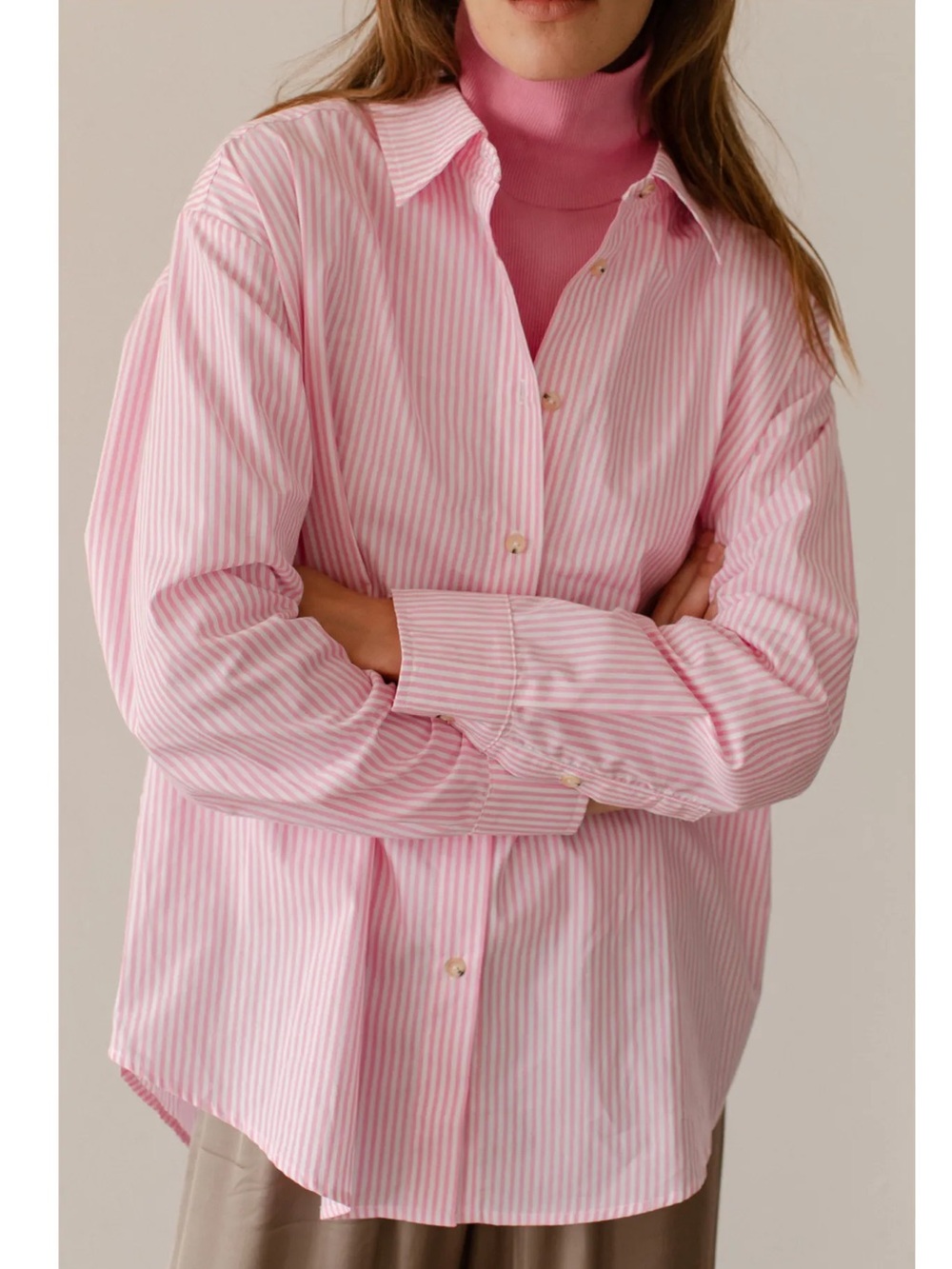 Donni Pop Cotton Poplin Button Down Up Shirt Top Pink White Striped